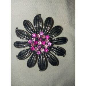 Vintage Silver Tone Flower Pink Rhinestone Center Brooch